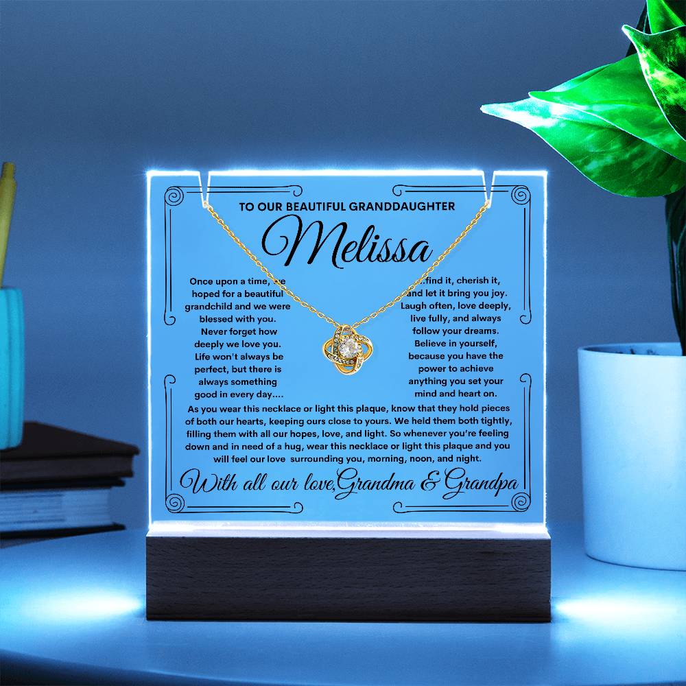 To Granddaughter From Grandma & Grandpa (or just Grandma or Grandpa) LED Lighted Keepsake Acrylic Plaque & Love Knot Necklace