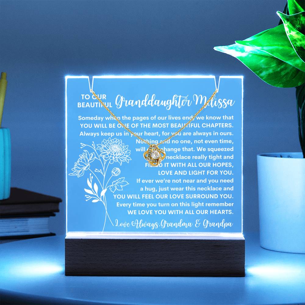 Granddaughter Keepsake LED Lighted Acrylic Birth Flower Plaque & Love Knot Necklace