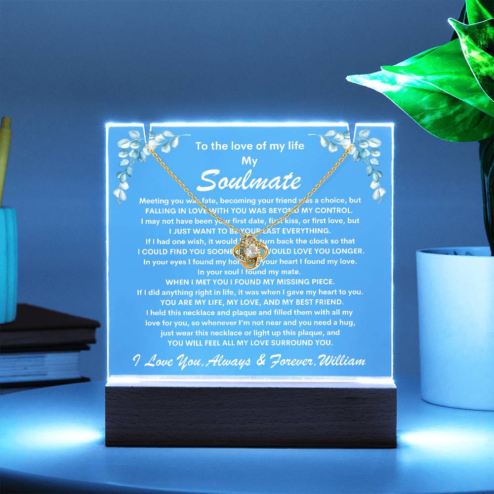 Soulmate Keepsake LED Lighted Acrylic Plaque With Love Knot Pendant Necklace