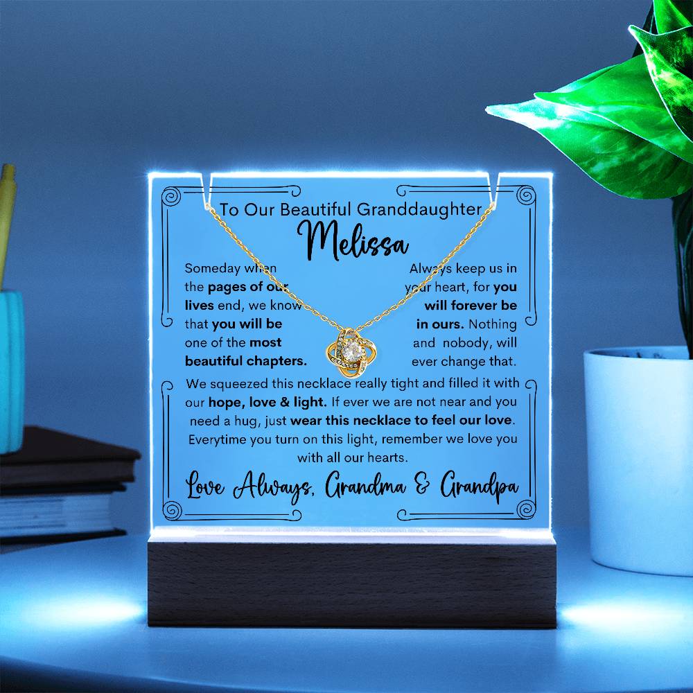 To Granddaughter From Grandma & Grandpa or Grandma or Grandpa Keepsake Lighted Acrylic Plaque With Love Knot Necklace