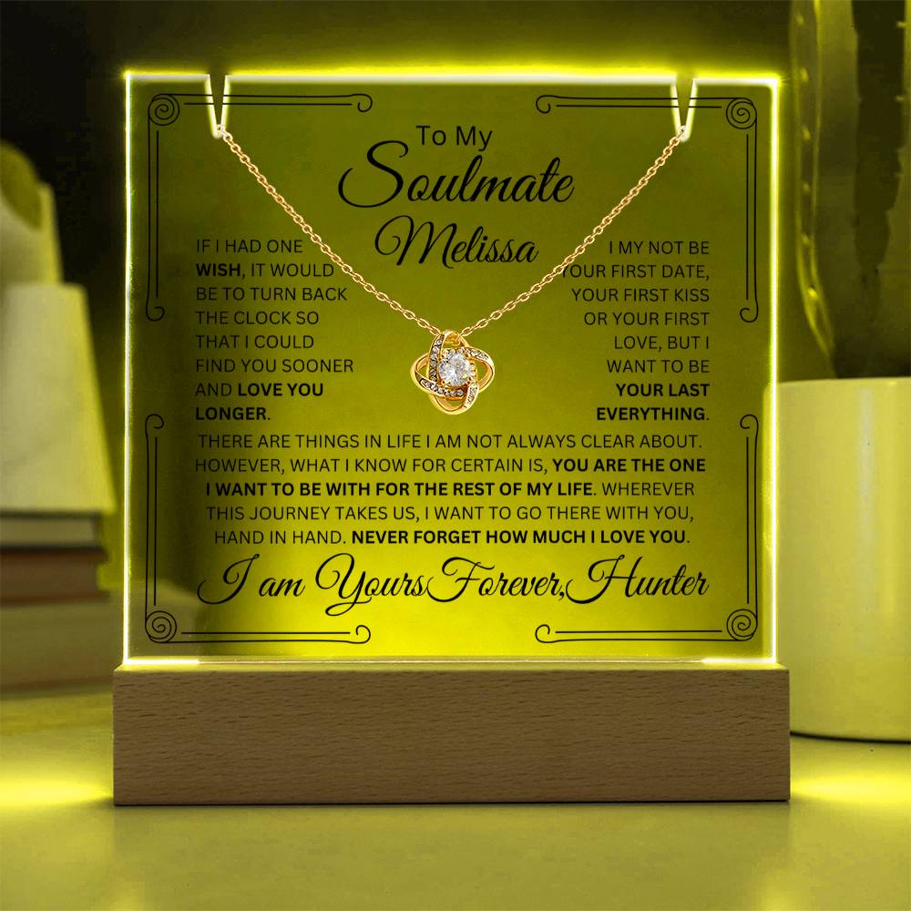 Personalized Soulmate Keepsake Bundle Lighted Acrylic Plaque With Love Knot Pendant Necklace