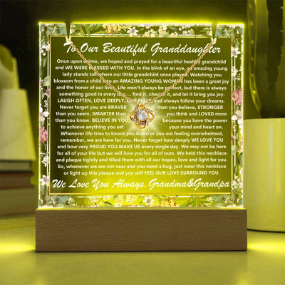 Granddaughter From Grandma & Grandpa (or just Grandma or Grandpa) Keepsake LED Lighted Acrylic Plaque & Love Knot Necklace