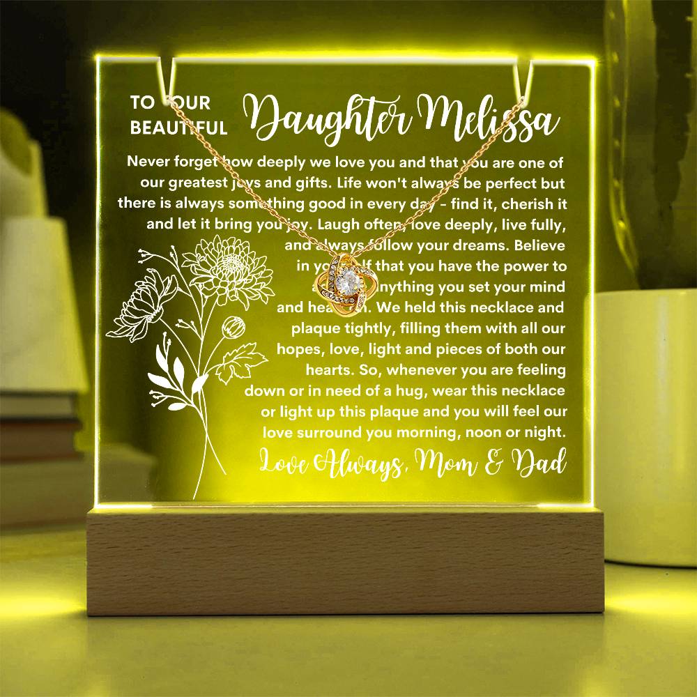 Daughter Keepsake LED Lighted Acrylic Birth Flower Plaque & Love Knot Necklace