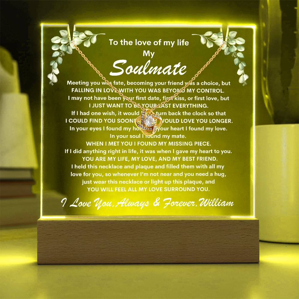 Soulmate Keepsake LED Lighted Acrylic Plaque With Love Knot Pendant Necklace