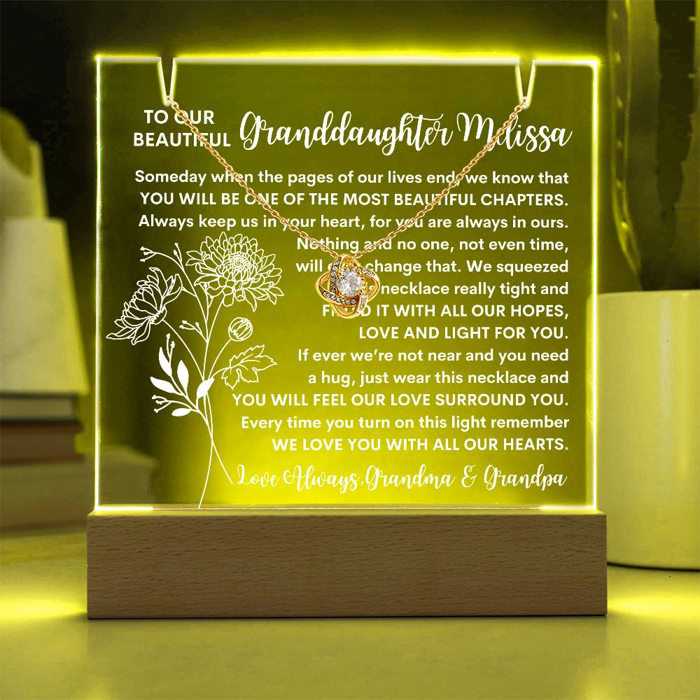 Granddaughter Keepsake LED Lighted Acrylic Birth Flower Plaque & Love Knot Necklace