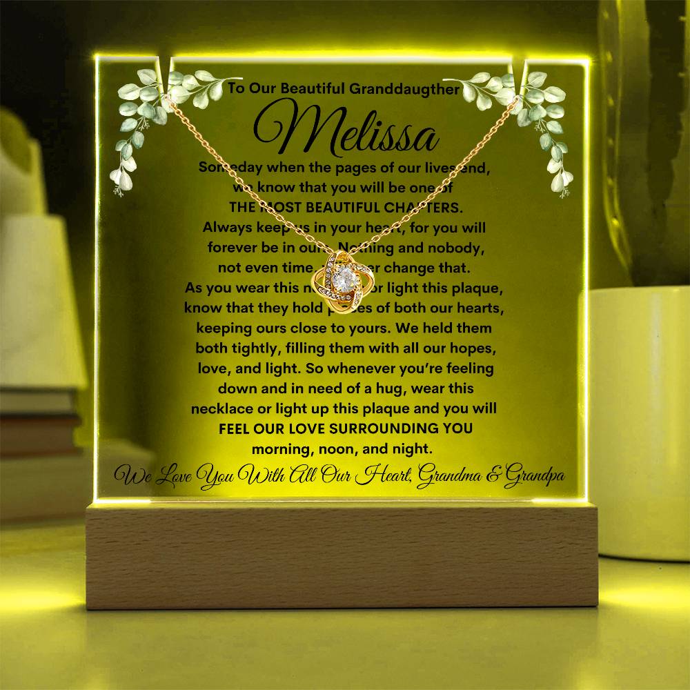 To Granddaughter From Grandma & Grandpa (or just Grandma or Grandpa) LED Lighted Keepsake Acrylic Plaque & Love Knot Necklace