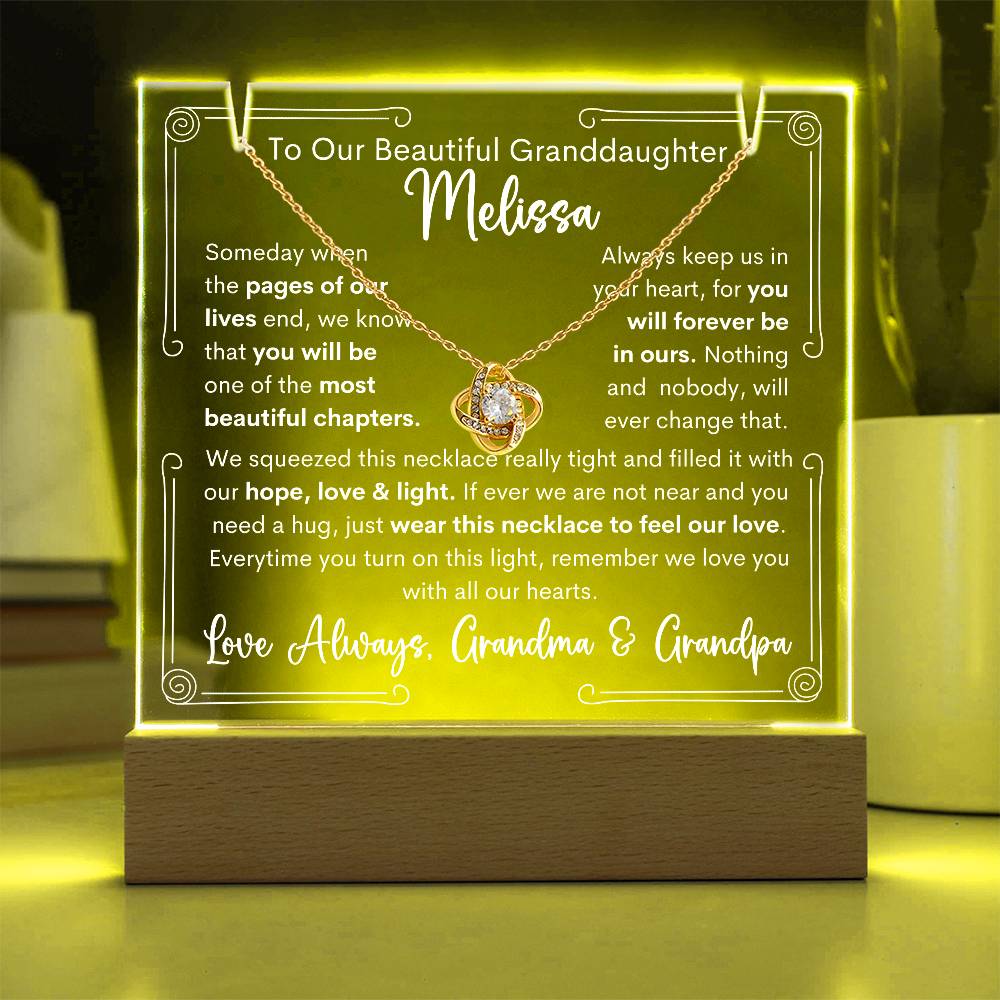 To Granddaughter From Grandma & Grandpa or Grandma or Grandpa Keepsake Lighted Acrylic Plaque With Love Knot Necklace