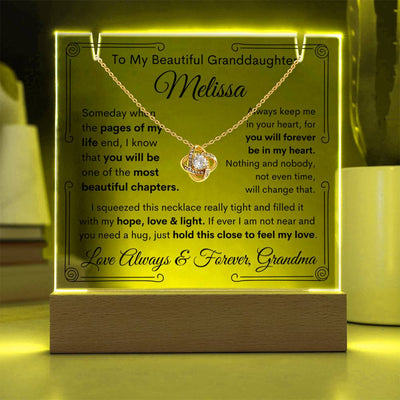 Personalized To Granddaughter From Grandma or Grandpa or Both Keepsake Bundle Acrylic Plaque & Love Knot Pendant Necklace