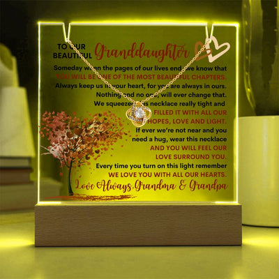 Granddaughter From Grandma & Grandpa (or just Grandma or Grandpa) Keepsake LED Lighted Acrylic Plaque And Love Knot Necklace