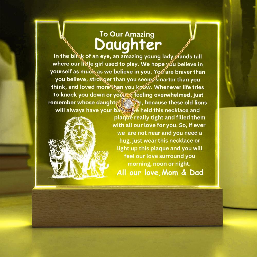 Daughter From Mom & Dad (or just Mom or Dad) Keepsake LED Lighted Acrylic Plaque And Love Knot Necklace