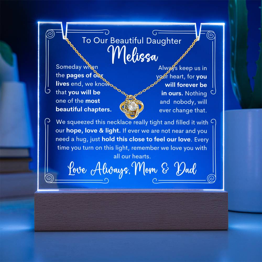 To Daughter From Mom & Dad or Mom or Dad Keepsake Lighted Acrylic Plaque With Love Knot Pendant Necklace