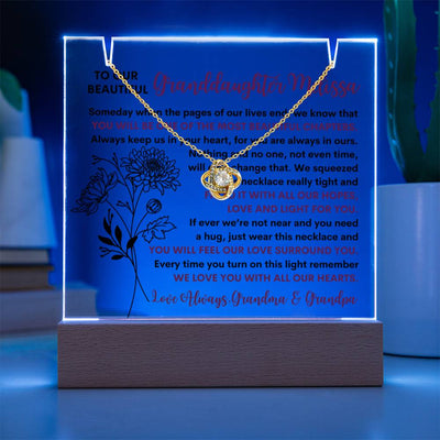 Granddaughter Birth Flower Keepsake LED Lighted Acrylic Plaque & Love Knot Necklace