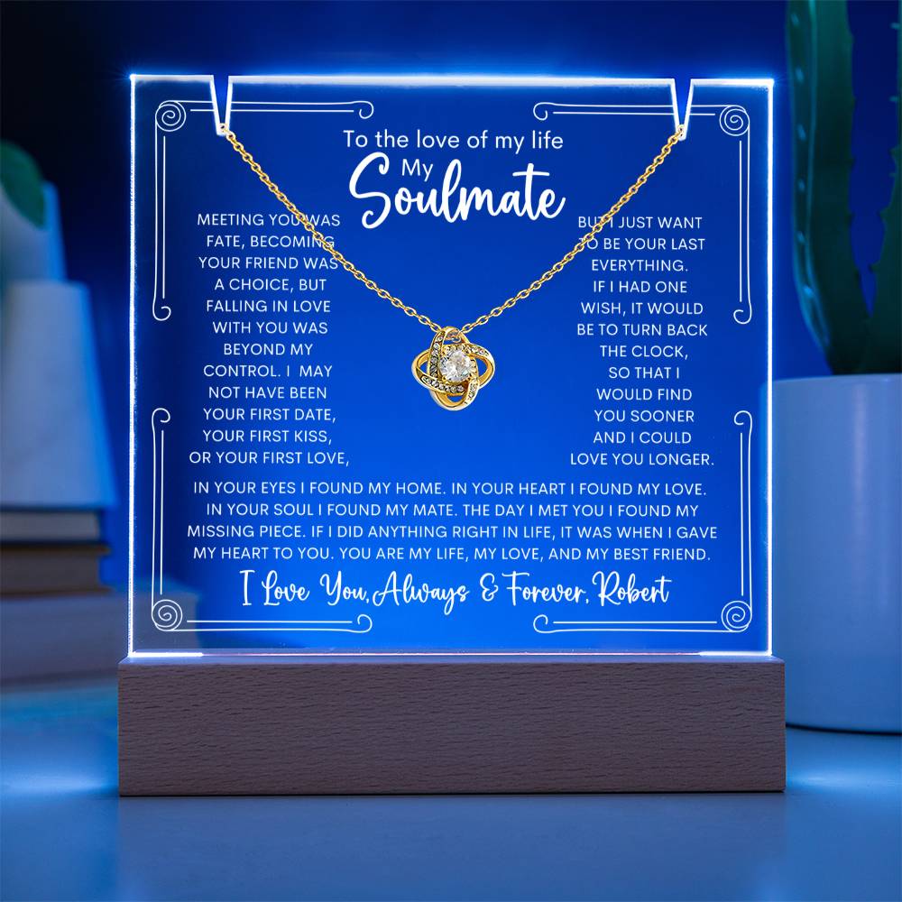 Personalized Soulmate Keepsake Bundle Lighted Acrylic Plaque With Love Knot Pendant Necklace