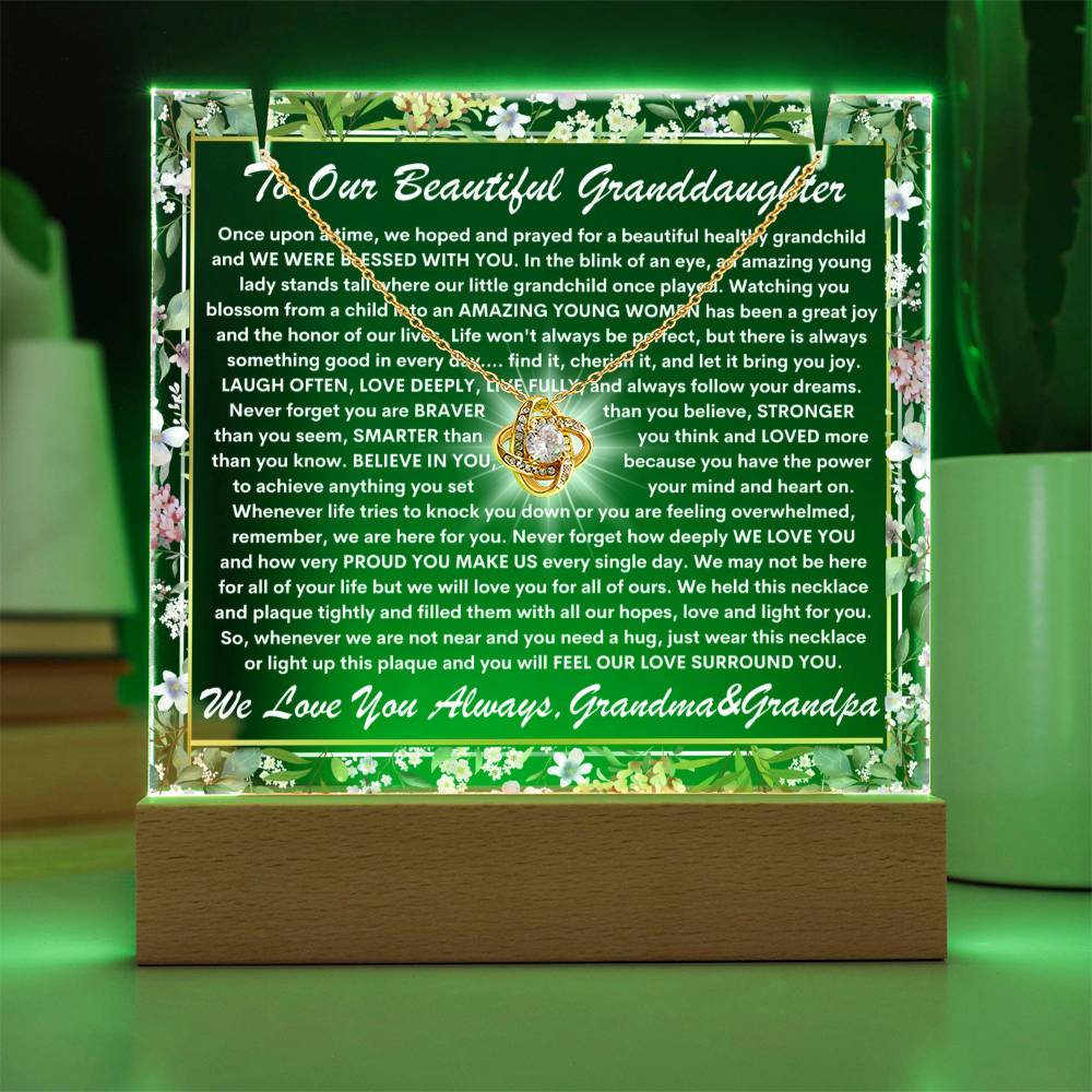 Granddaughter From Grandma & Grandpa (or just Grandma or Grandpa) Keepsake LED Lighted Acrylic Plaque & Love Knot Necklace