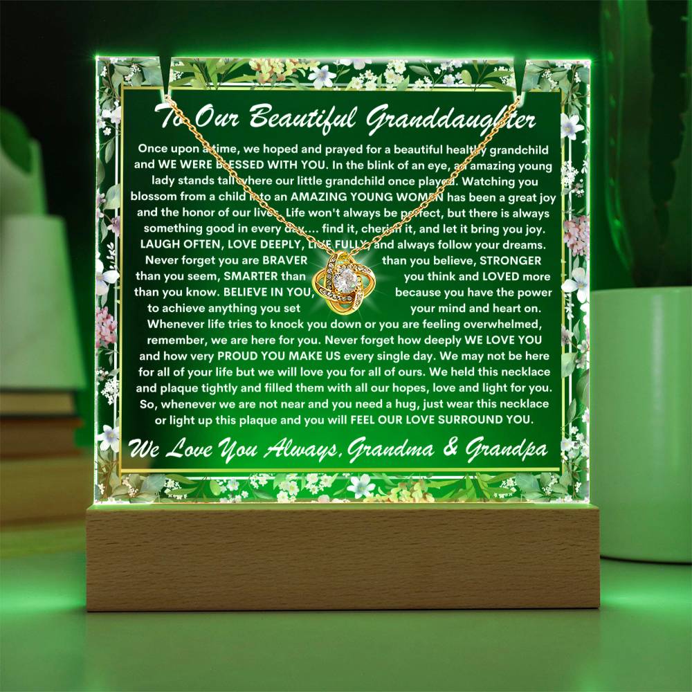 Granddaughter From Grandma & Grandpa (or just Grandma or Grandpa) Keepsake LED Lighted Acrylic Plaque & Love Knot Necklace