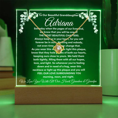 Granddaughter From Grandma & Grandpa (or just Grandma or Grandpa) Keepsake LED Lighted Acrylic Plaque And Love Knot Necklace