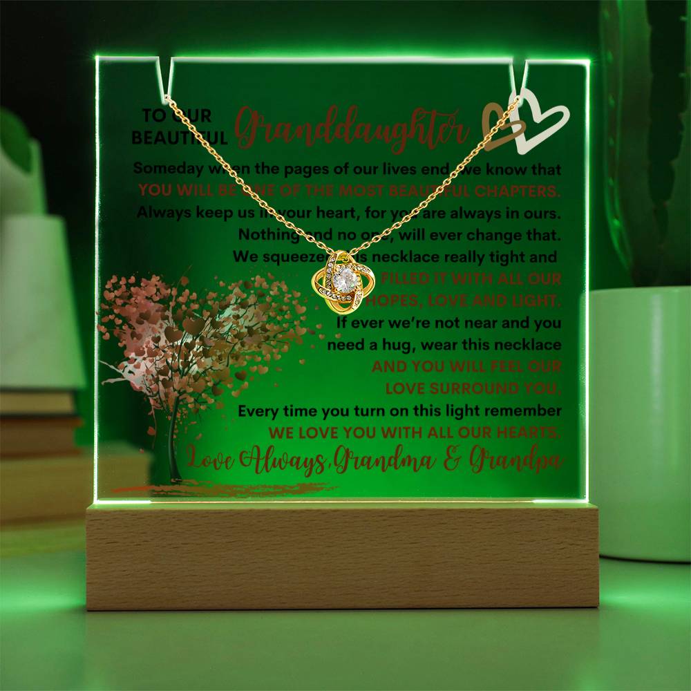 Granddaughter From Grandma & Grandpa (or just Grandma or Grandpa) Keepsake LED Lighted Acrylic Plaque And Love Knot Necklace