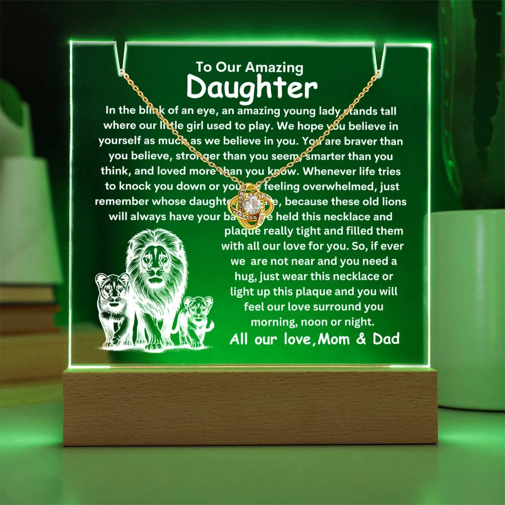 Daughter From Mom & Dad (or just Mom or Dad) Keepsake LED Lighted Acrylic Plaque And Love Knot Necklace