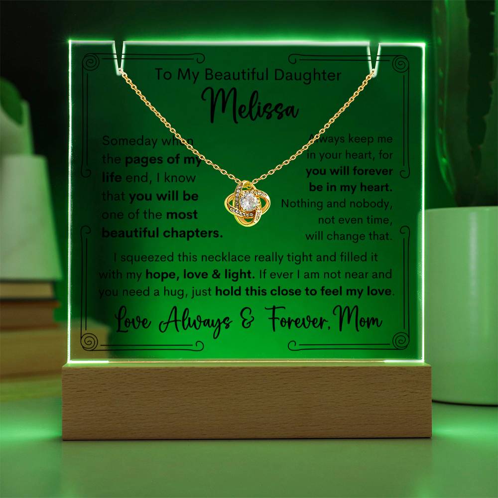 Personalized To Daughter From Mom or Dad or Both Keepsake Bundle Acrylic Plaque & Love Knot Pendant Necklace