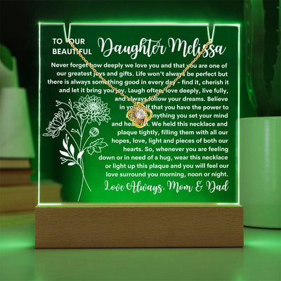 Daughter Keepsake LED Lighted Acrylic Birth Flower Plaque & Love Knot Necklace