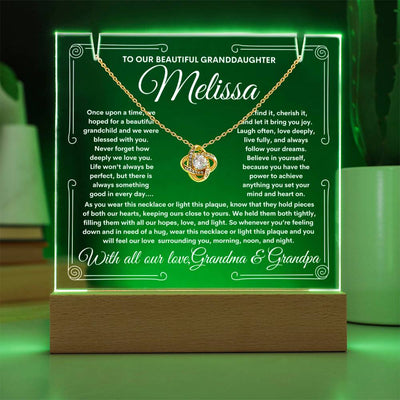 To Granddaughter From Grandma & Grandpa (or just Grandma or Grandpa) LED Lighted Keepsake Acrylic Plaque & Love Knot Necklace