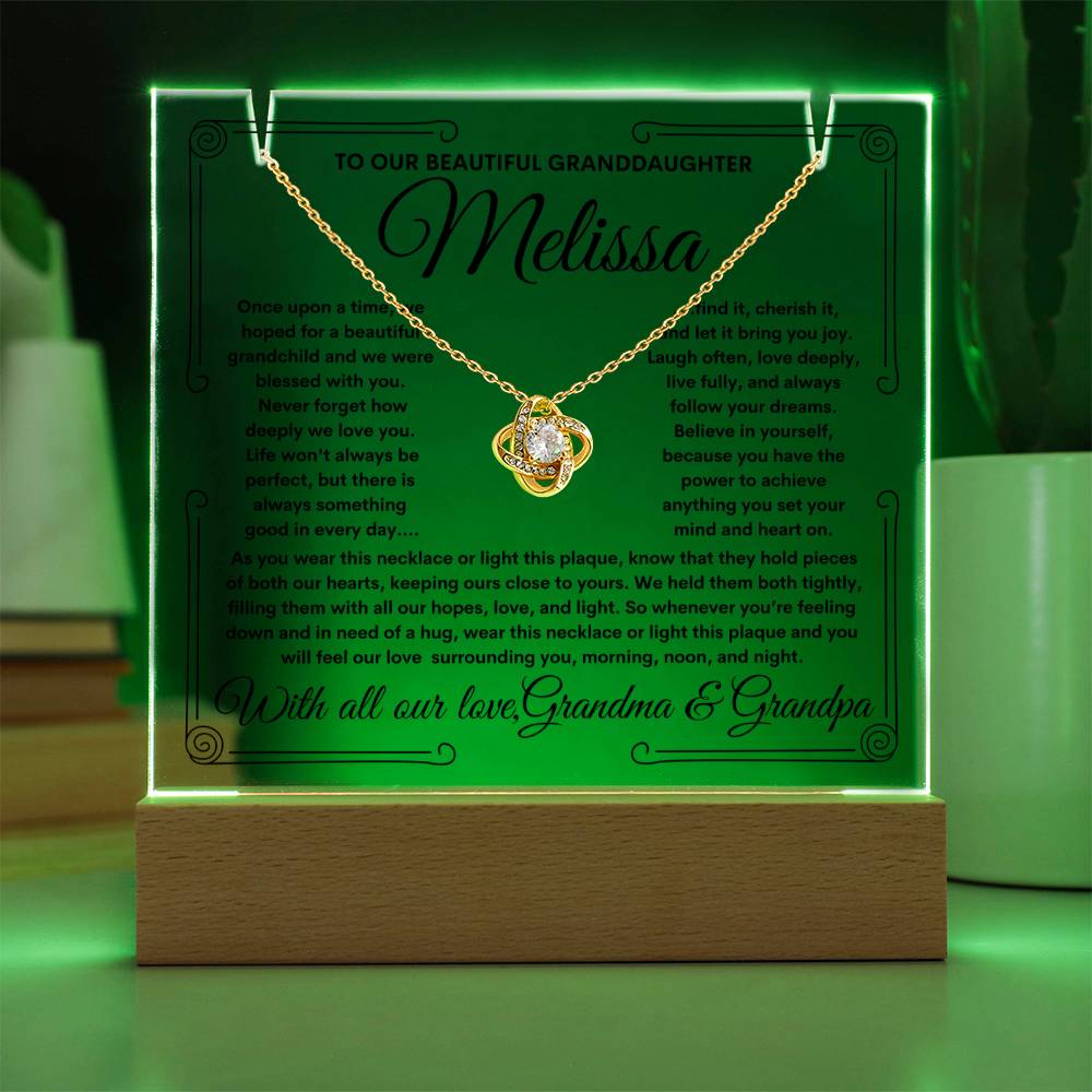 To Granddaughter From Grandma & Grandpa (or just Grandma or Grandpa) LED Lighted Keepsake Acrylic Plaque & Love Knot Necklace