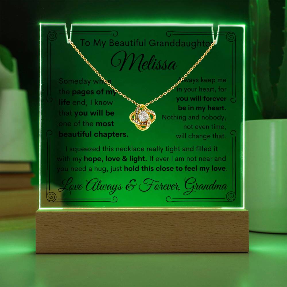 Personalized To Granddaughter From Grandma or Grandpa or Both Keepsake Bundle Acrylic Plaque & Love Knot Pendant Necklace