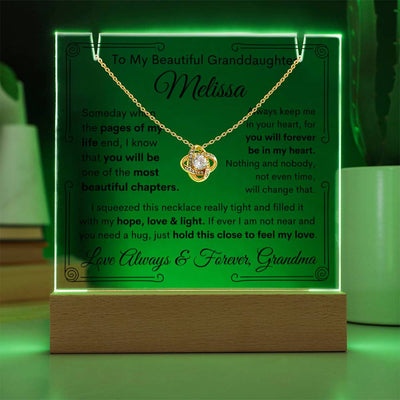 Personalized To Granddaughter From Grandma or Grandpa or Both Keepsake Bundle Acrylic Plaque & Love Knot Pendant Necklace