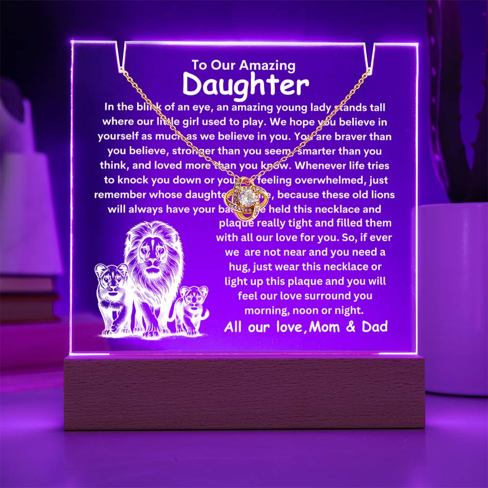 Daughter From Mom & Dad (or just Mom or Dad) Keepsake LED Lighted Acrylic Plaque And Love Knot Necklace