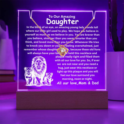 Daughter From Mom & Dad (or just Mom or Dad) Keepsake LED Lighted Acrylic Plaque And Love Knot Necklace