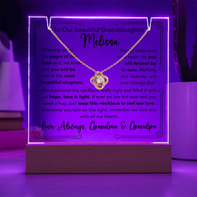 To Granddaughter From Grandma & Grandpa or Grandma or Grandpa Keepsake Lighted Acrylic Plaque With Love Knot Necklace