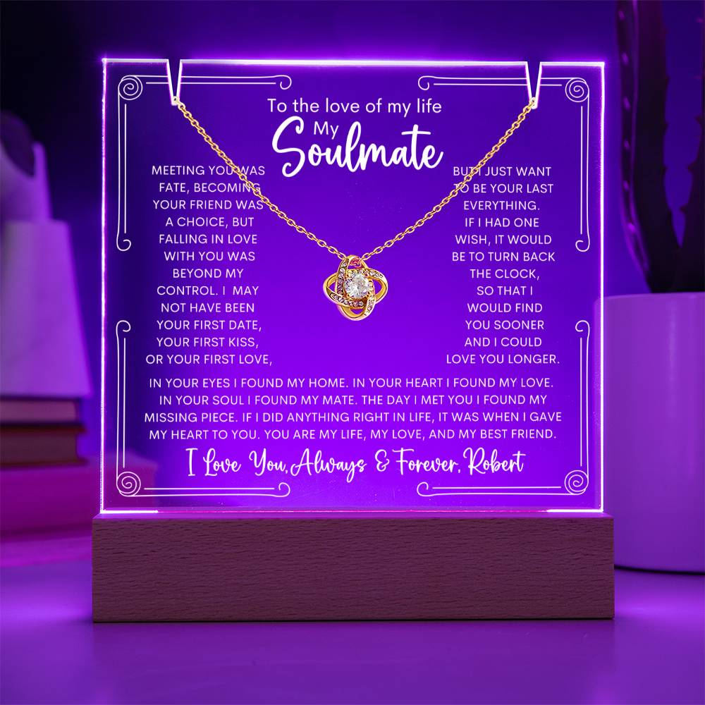 Personalized Soulmate Keepsake Bundle Lighted Acrylic Plaque With Love Knot Pendant Necklace