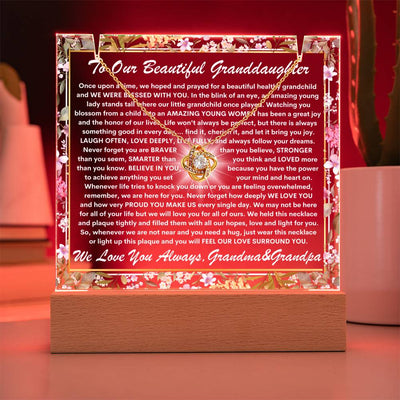 Granddaughter From Grandma & Grandpa (or just Grandma or Grandpa) Keepsake LED Lighted Acrylic Plaque & Love Knot Necklace