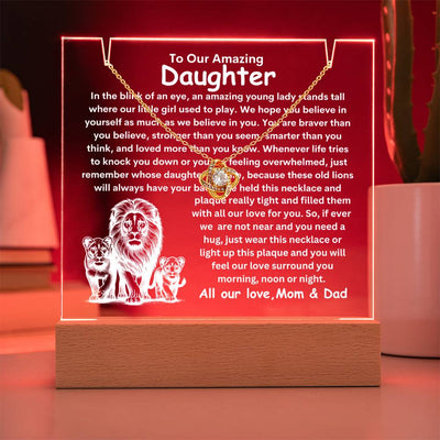 Daughter From Mom & Dad (or just Mom or Dad) Keepsake LED Lighted Acrylic Plaque And Love Knot Necklace