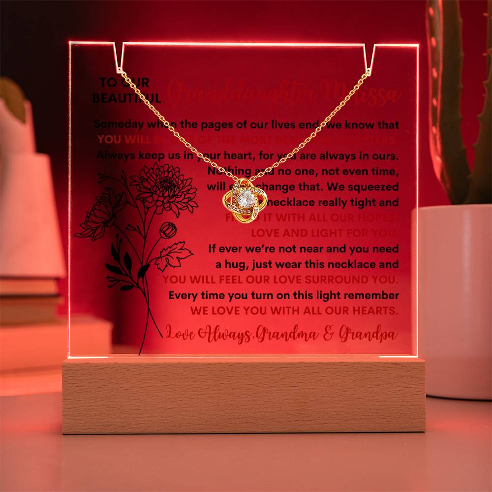 Granddaughter Birth Flower Keepsake LED Lighted Acrylic Plaque & Love Knot Necklace