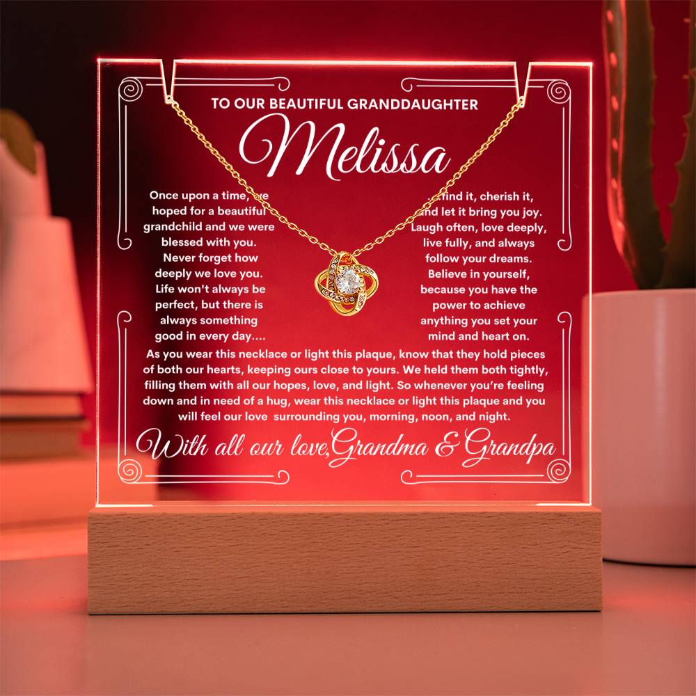 To Granddaughter From Grandma & Grandpa (or just Grandma or Grandpa) LED Lighted Keepsake Acrylic Plaque & Love Knot Necklace