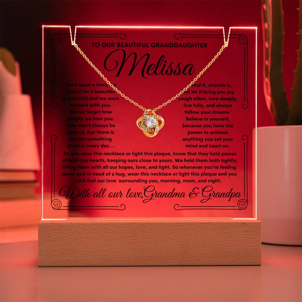 To Granddaughter From Grandma & Grandpa (or just Grandma or Grandpa) LED Lighted Keepsake Acrylic Plaque & Love Knot Necklace