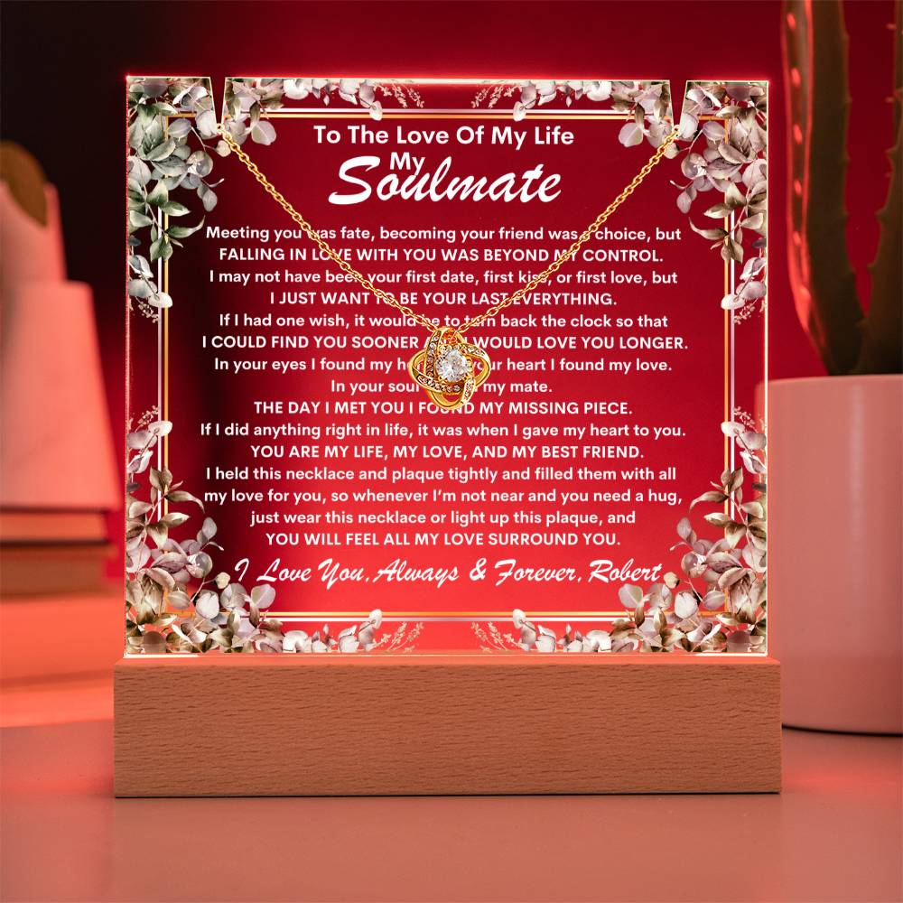 Soulmate Keepsake LED Lighted Acrylic Plaque With Love Knot Pendant Necklace