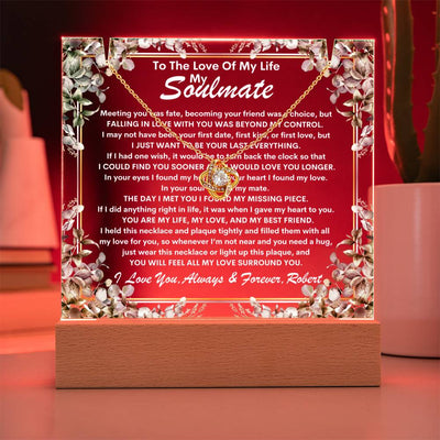 Soulmate Keepsake LED Lighted Acrylic Plaque With Love Knot Pendant Necklace