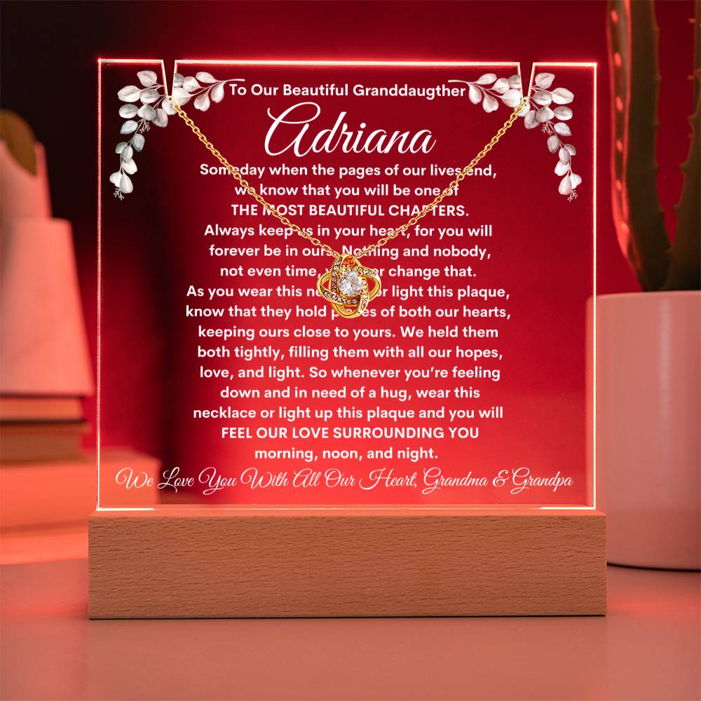 Granddaughter From Grandma & Grandpa (or just Grandma or Grandpa) Keepsake LED Lighted Acrylic Plaque And Love Knot Necklace