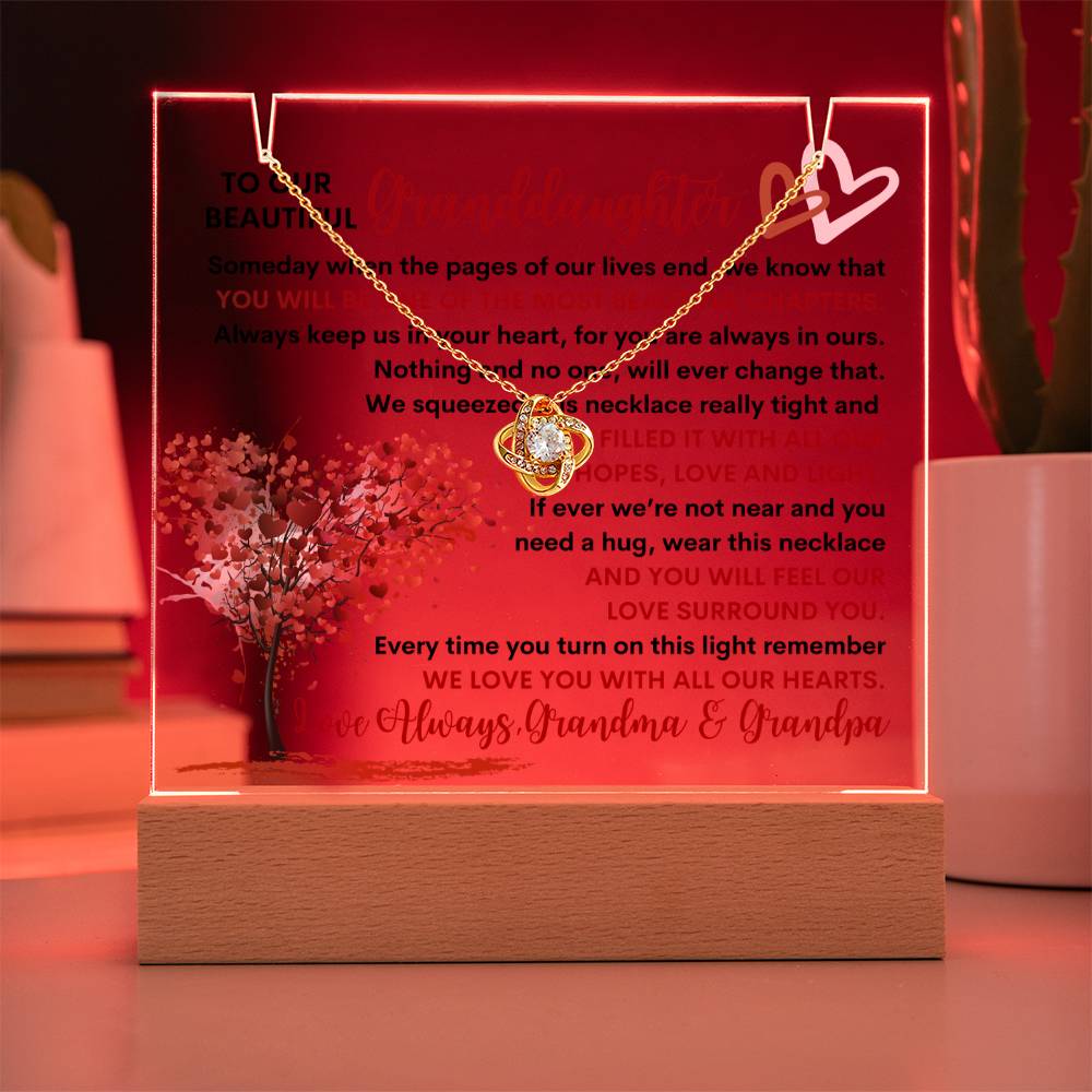 Granddaughter From Grandma & Grandpa (or just Grandma or Grandpa) Keepsake LED Lighted Acrylic Plaque And Love Knot Necklace