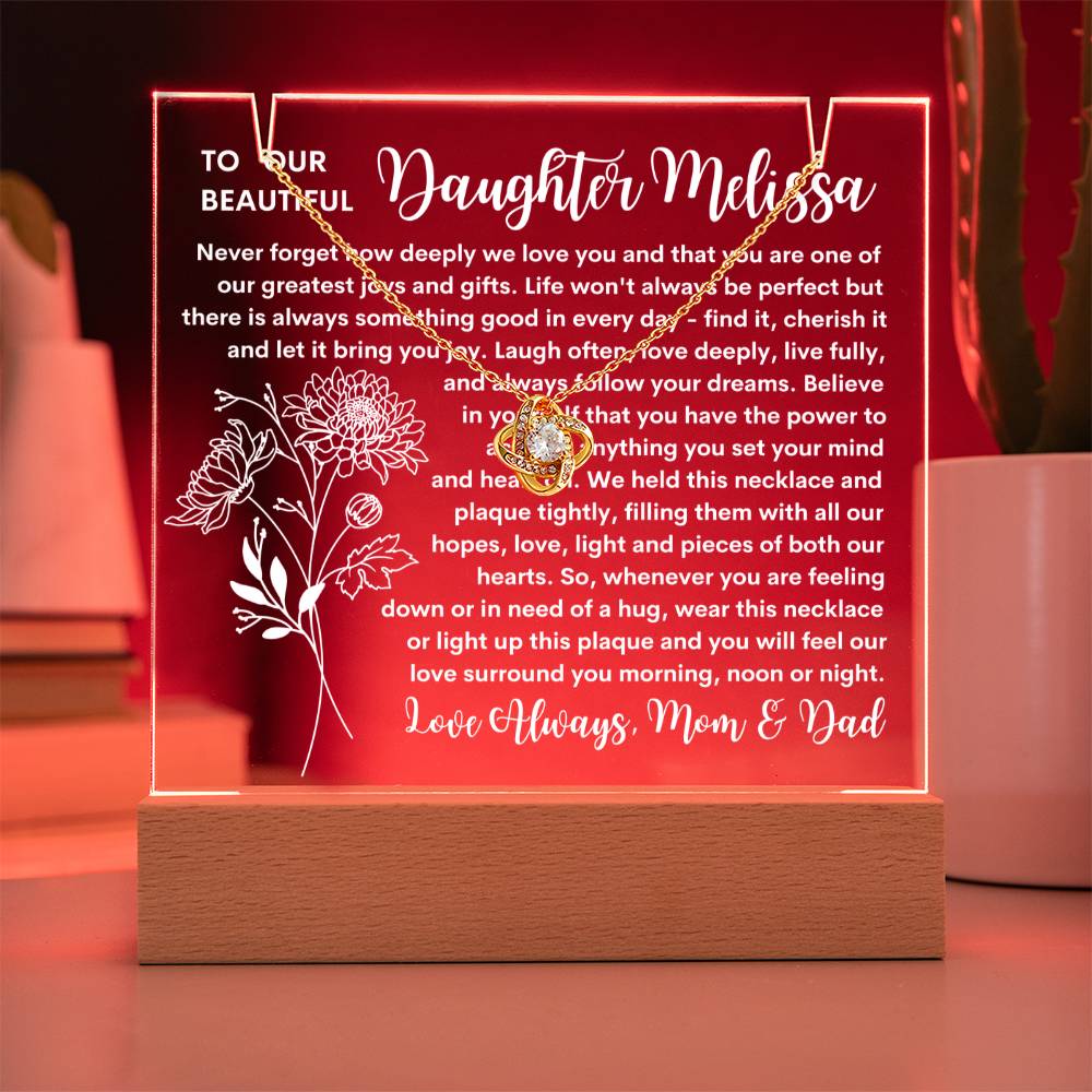 Daughter Keepsake LED Lighted Acrylic Birth Flower Plaque & Love Knot Necklace