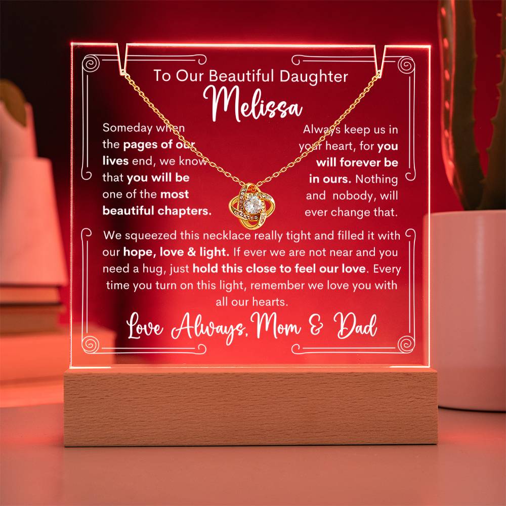 To Daughter From Mom & Dad or Mom or Dad Keepsake Lighted Acrylic Plaque With Love Knot Pendant Necklace