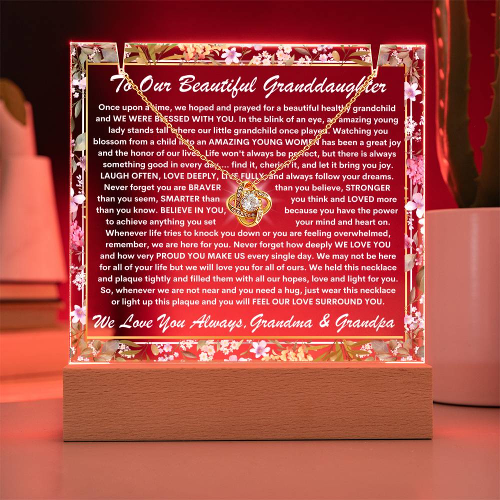 Granddaughter From Grandma & Grandpa (or just Grandma or Grandpa) Keepsake LED Lighted Acrylic Plaque & Love Knot Necklace