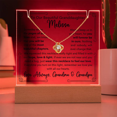 To Granddaughter From Grandma & Grandpa or Grandma or Grandpa Keepsake Lighted Acrylic Plaque With Love Knot Necklace