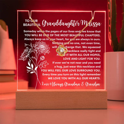 Granddaughter Keepsake LED Lighted Acrylic Birth Flower Plaque & Love Knot Necklace