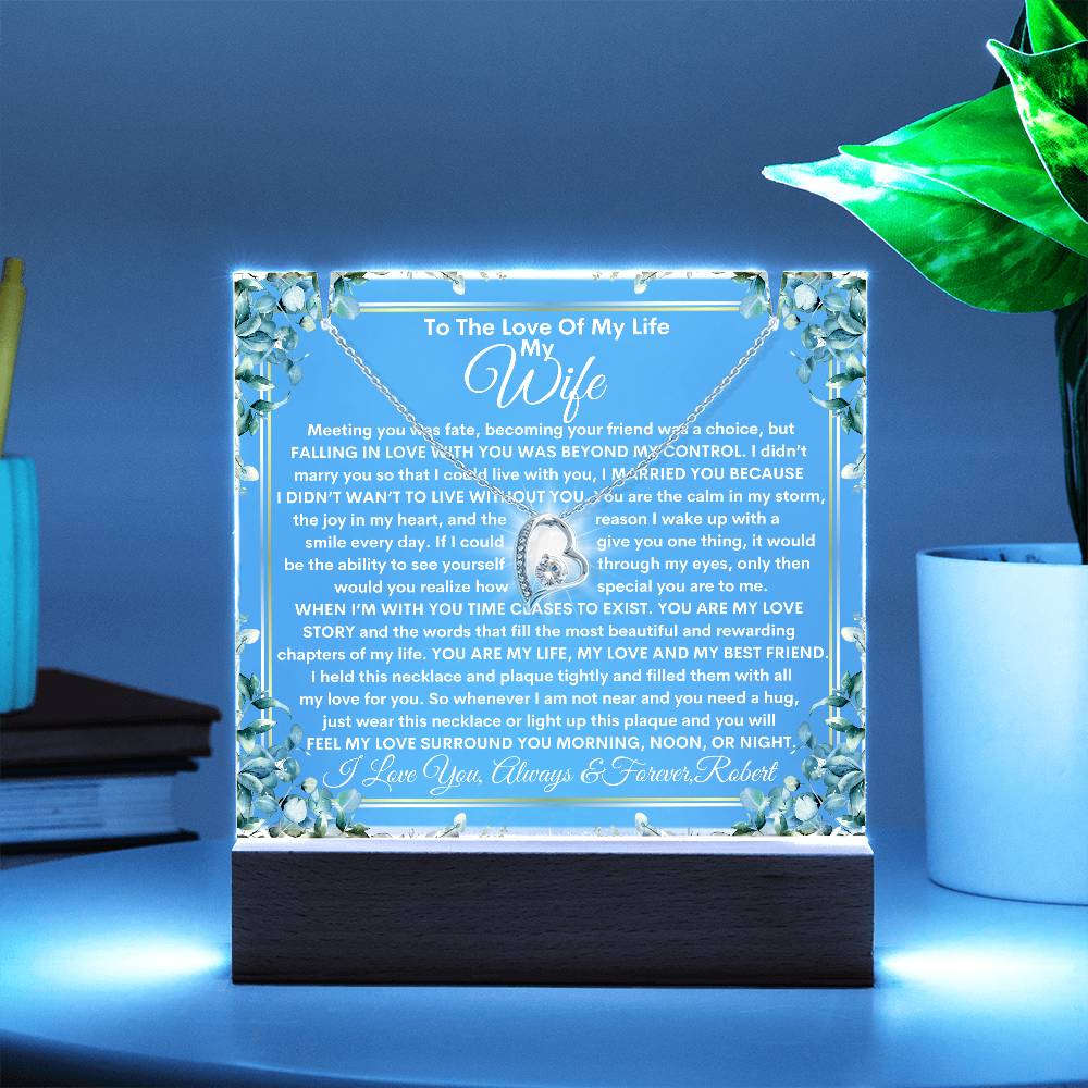 Wife Keepsake  LED Lighted Acrylic Plaque With Heart Pendant Necklace