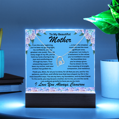 Mother Keepsake LED Lighted Acrylic Plaque with Heart Pendant Necklace