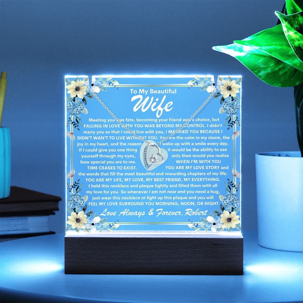 Wife Keepsake  LED Lighted Acrylic Plaque With Heart Pendant Necklace