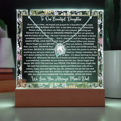 Daughter From Mom & Dad (or just Mom or Dad) Keepsake LED Lighted Acrylic Plaque & Forever Love Necklace